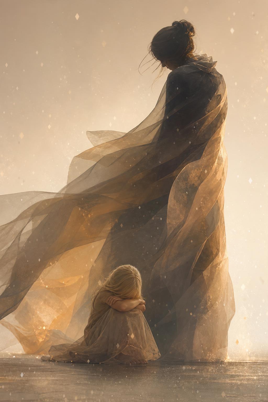 A protective feminine presence sheltering a kneeling blonde child, rendered in warm sand and charcoal tones with drifting light